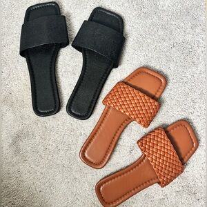 Square-Toe Slide Sandals (2 pair) – Black & Tan Woven Bundle 👡